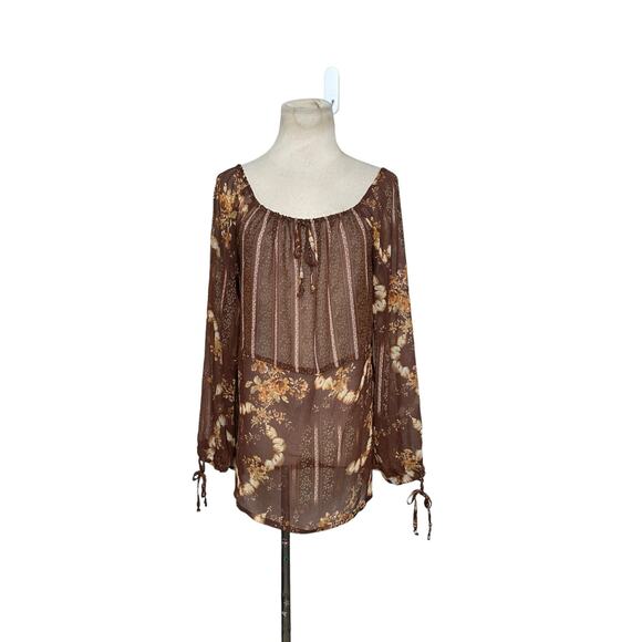 Brown floral long sleeves sheer tunic top Size Large - Picture 7 of 10